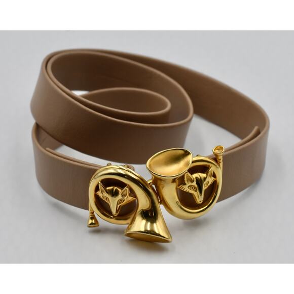 Vintage DOTTY SMITH BUCKLE & Leather Belt Fox Head & French Horn Fox Gold Tone